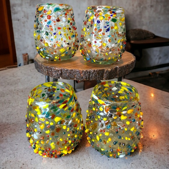Bambeco Confetti Wine Glass Fiesta Hand blown set of 4 jewel tones - Picture 3 of 6